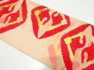 アンティーク　向かい鶴模様織り出し袋帯（材料）